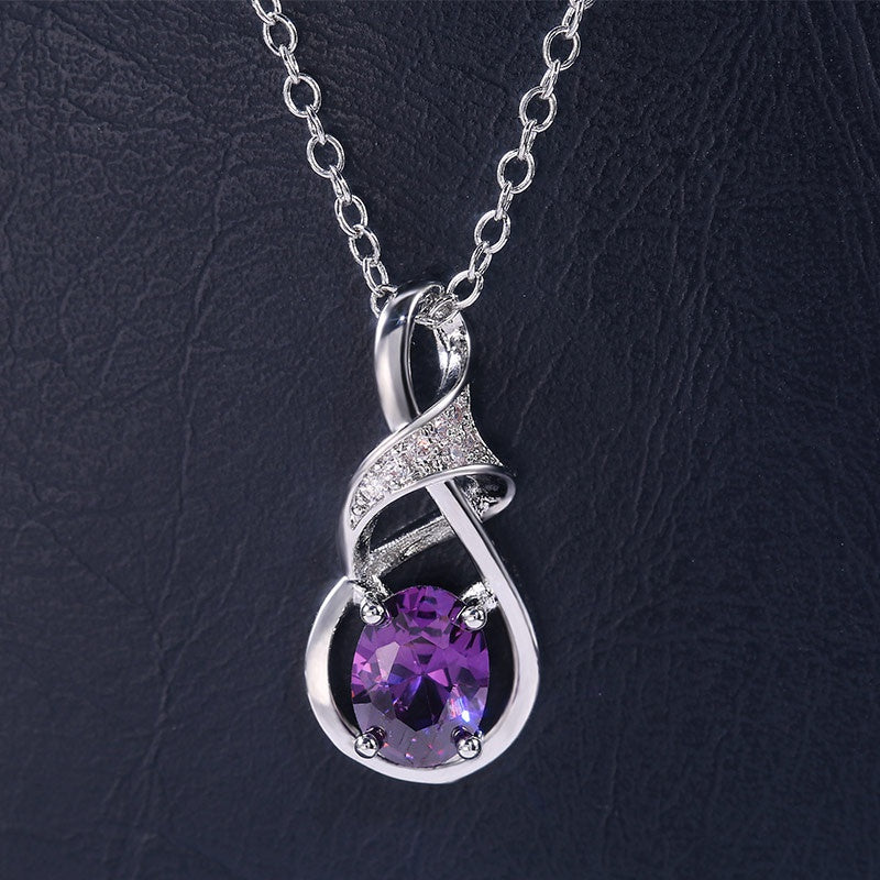 Elegant Silver Tone Oval Amethyst Pendant Necklace with Cubic Zirconia - Perfect for Weddings with Everyday Glamour, February Birthstone