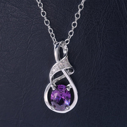 Elegant Silver Tone Oval Amethyst Pendant Necklace with Cubic Zirconia - Perfect for Weddings with Everyday Glamour, February Birthstone