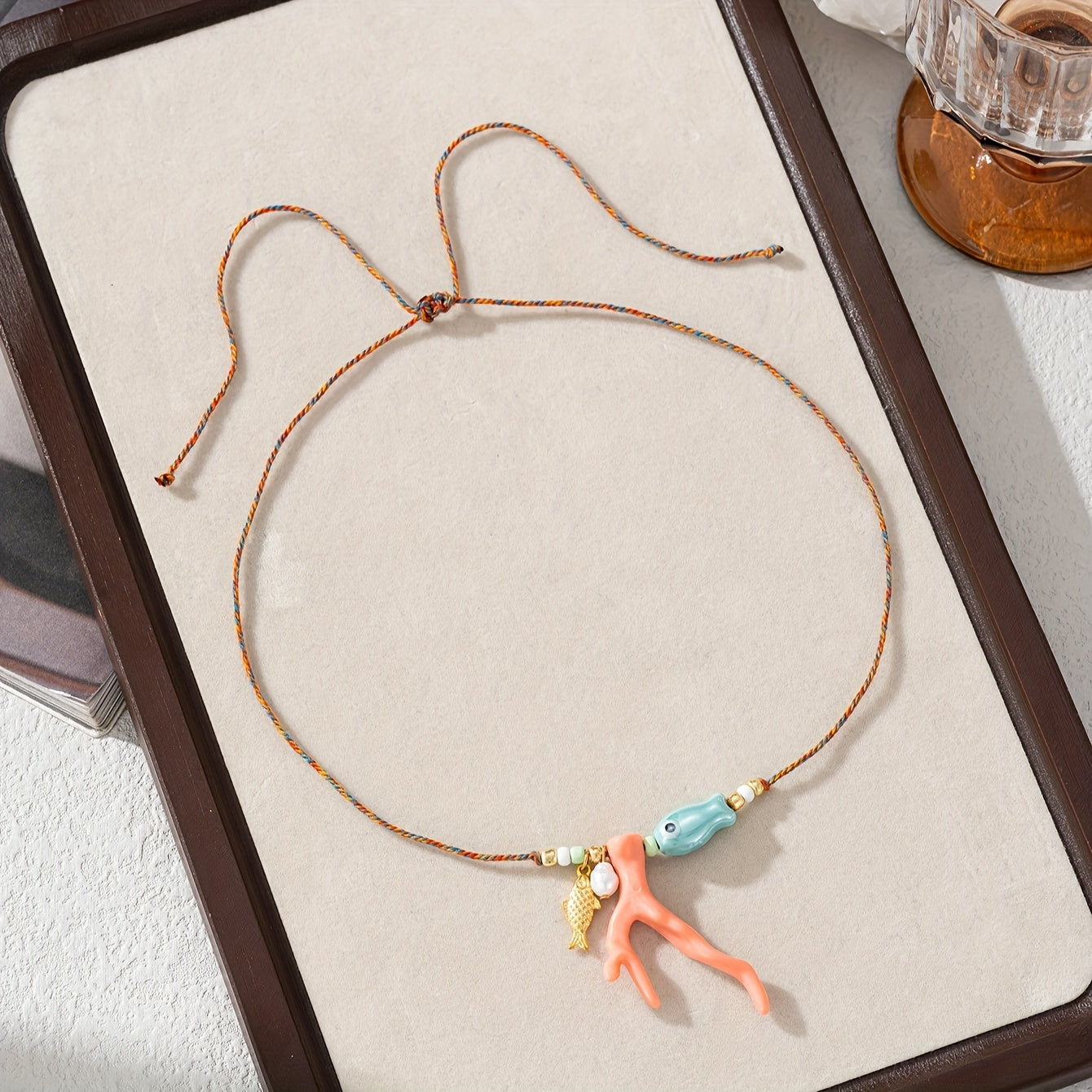 Handmade Ceramic Fish and Coral Pendant Necklace, Bohemian Style, Adjustable Cord Collarbone Chain, Beach Vacation Jewelry Accessories - No Plating, Daily & Holiday Wear