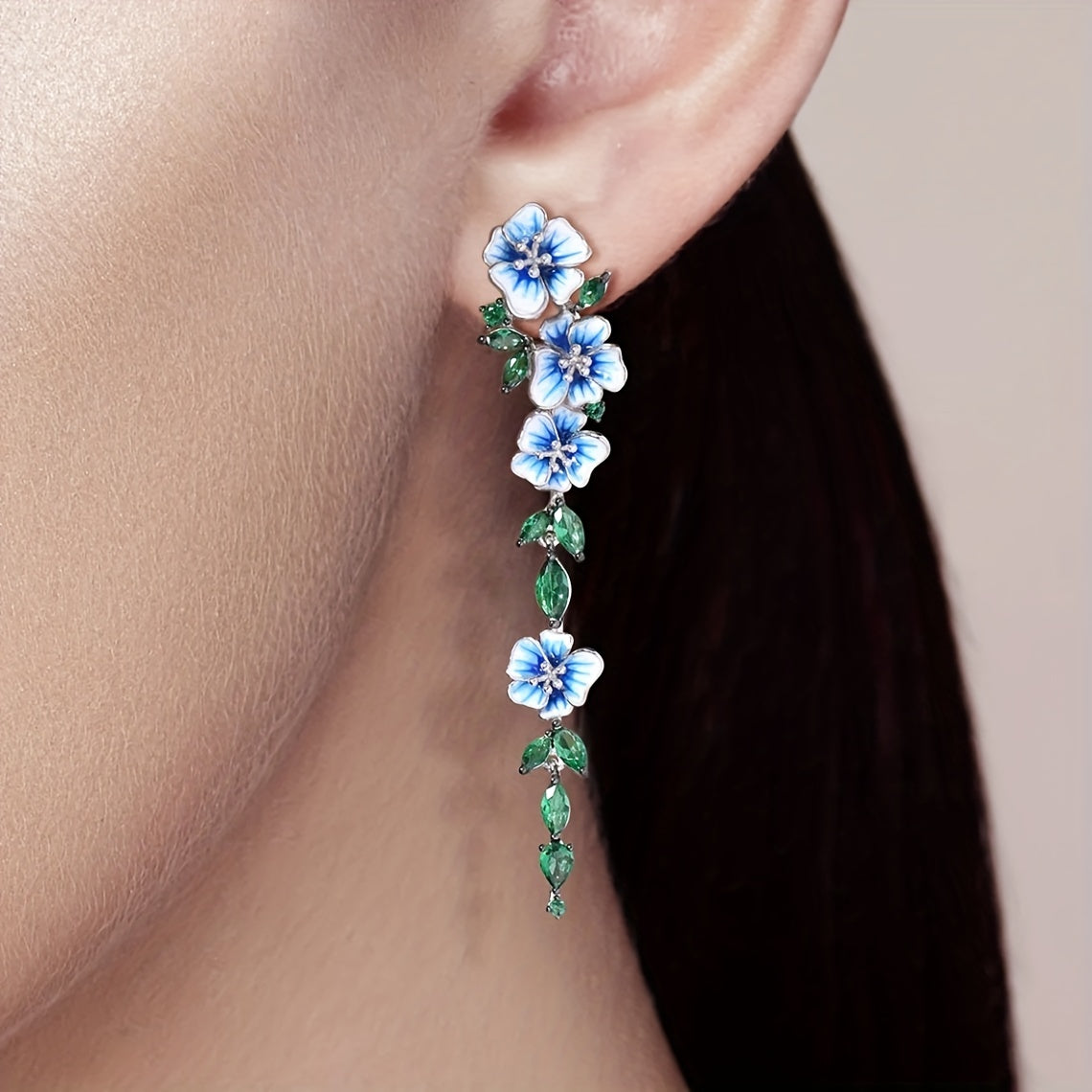 Exquisite 925 Silver Enamel Flower Inlaid Leaf Long Earrings Ladies Elegant Jewelry Summer Party Gift