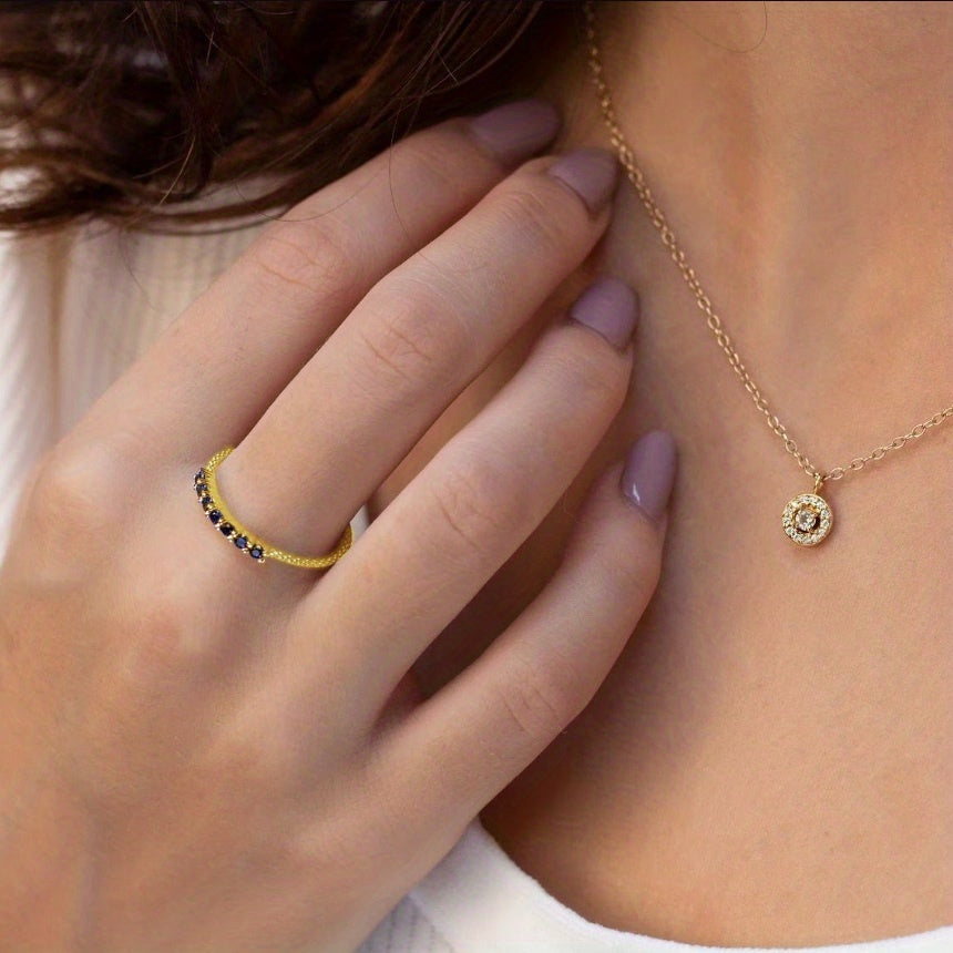 Chic Promise Ring Paved A Row Of Blue Gemstone 18k Gold Plated Perfect Anniversary / Birthday Gift For Your Love Also Match Daily Outfits