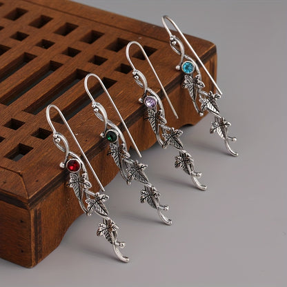 1 Pair Exquisite Silvery Boho Chic Engraved Leaf Drop Dangle Earrings - Inlaid with Colorful Synthetic Gemstones, 925 Silver Plated, Hypoallergenic, Durable, and Elegant - Perfect for Fashionistas and Bohemian Lovers