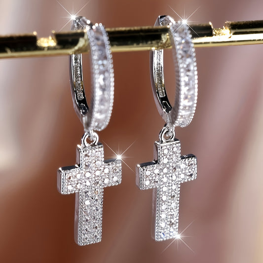 Pack of 2 Bohemian Elegant Cross Pendant Earrings, Synthetic Zircon, Copper Circle Ear Hooks, Women's Religious Jewelry