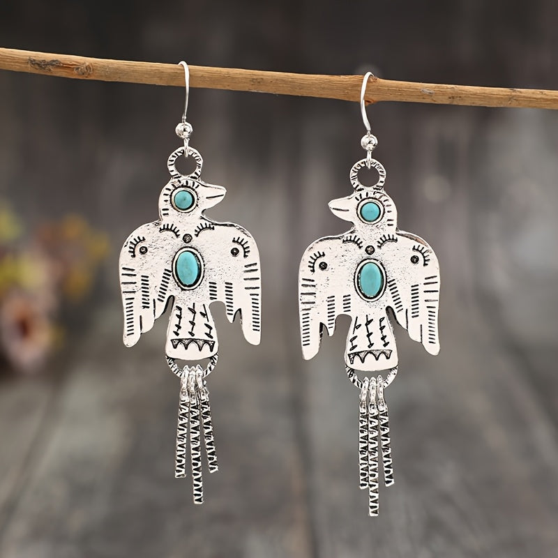 A pair of vintage eagle azure gemstone with ethnic engraving pattern fringed fashion stud earrings, alloy and synthetic crystal, iron stud earrings, silver tone