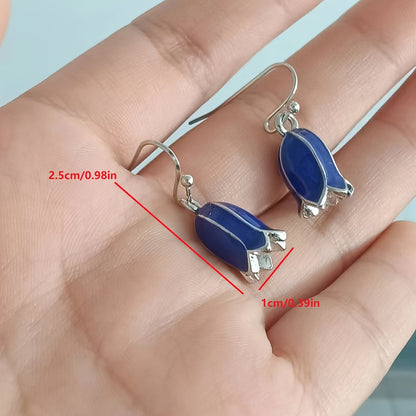 Blue small wind chimes flower pendant earrings, silver-plated alloy with iron earrings, exquisite enamel craftsmanship, suitable for daily wear - a pair