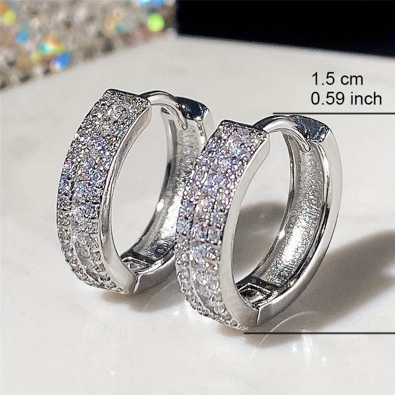 Ladies' Elegant Three-Row Cubic Zirconia Ring Earrings - Silver Plated, Nickel-Free Copper, Suitable for Weddings and Engagements
