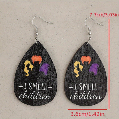 Vintage Wooden Halloween Drop Earrings - Classic Tear Drop Design for Ladies, Perfect for Daily Wear and Holiday Celebrations
