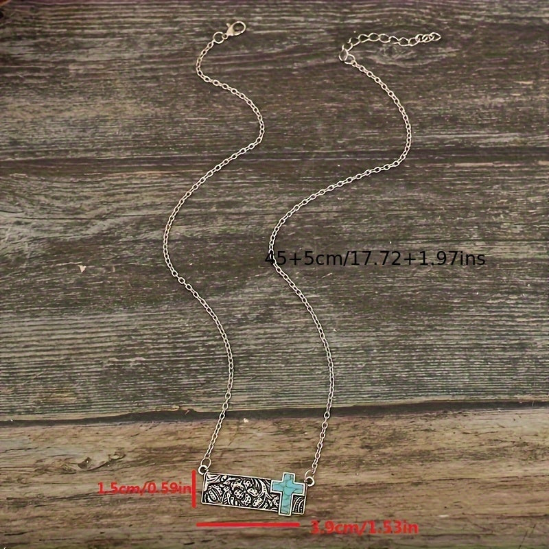 Vintage Square Turquoise Floral Cross Necklace Vintage Bohemian Necklace Jewelry Gifts