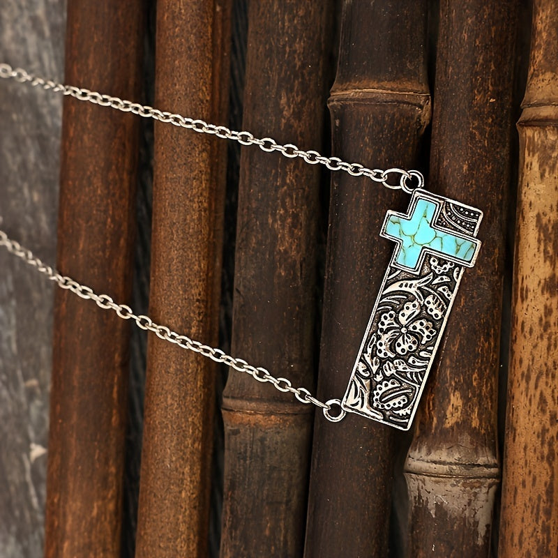 Vintage Square Turquoise Floral Cross Necklace Vintage Bohemian Necklace Jewelry Gifts