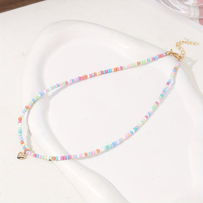1pc Heart-shaped Pendant Necklace, Handmade Bohemian Beaded Collar for Music Festivals and Vacation Accessories, Versatile Jewelry for All Seasons - 1 Piece