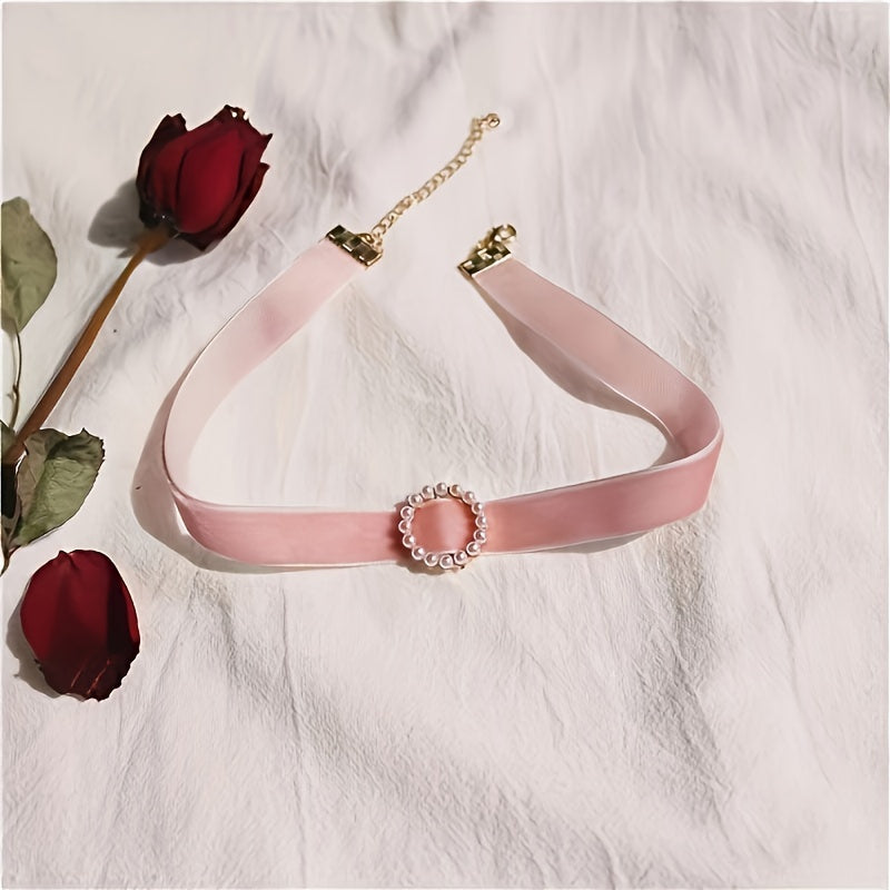 Vintage Luxury Simple Velvet Faux Pearl Round Short Necklace Jewelry Gifts