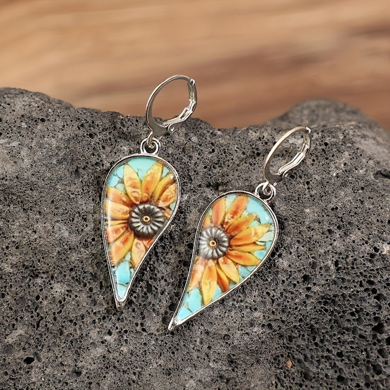 Irregular droplet sunflower pattern retro pendant earrings retro vacation style alloy jewelry exquisite female gift