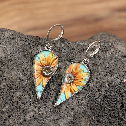 Irregular droplet sunflower pattern retro pendant earrings retro vacation style alloy jewelry exquisite female gift