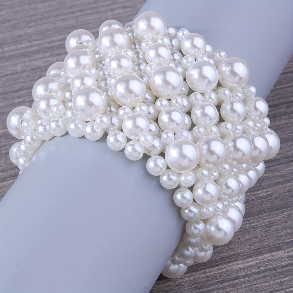 A white fake pearl beaded wide bracelet, elegant temperament, elastic and retractable bracelet