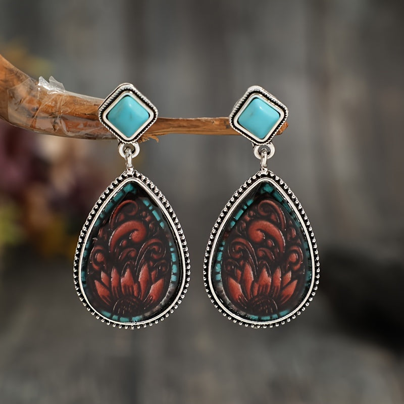 Antique drop-shaped sunflower-inlaid earrings, vintage bohemian fashion holiday earrings