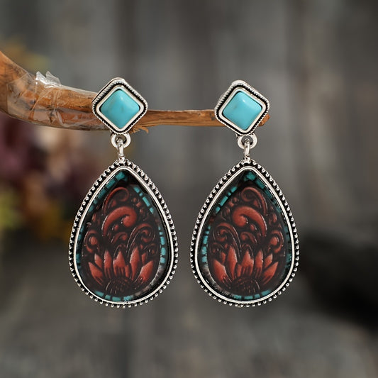 Antique drop-shaped sunflower-inlaid earrings, vintage bohemian fashion holiday earrings