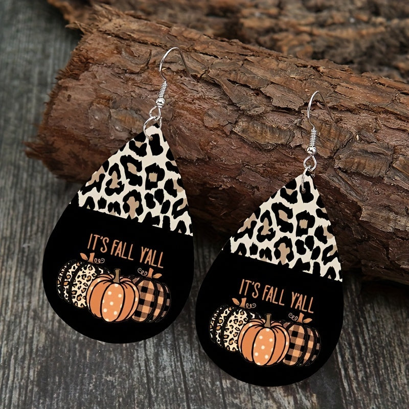 Vintage Style Halloween Pumpkin and Leopard Drop Earrings - Lightweight PU Leather, Perfect for Party and Holiday Occasions, Holiday Jewelry | Playful Designs | Iron Ear Hooks