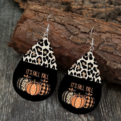 Vintage Style Halloween Pumpkin and Leopard Drop Earrings - Lightweight PU Leather, Perfect for Party and Holiday Occasions, Holiday Jewelry | Playful Designs | Iron Ear Hooks