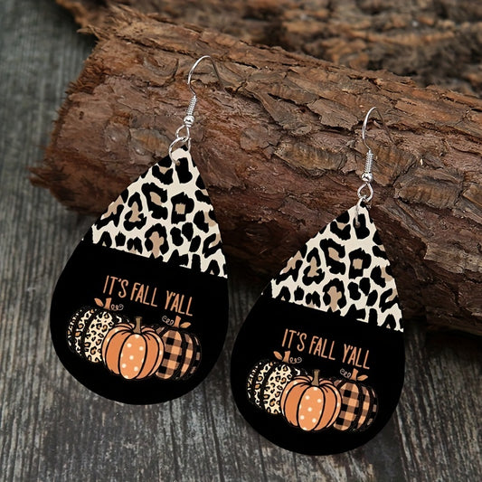 Vintage Style Halloween Pumpkin and Leopard Drop Earrings - Lightweight PU Leather, Perfect for Party and Holiday Occasions, Holiday Jewelry | Playful Designs | Iron Ear Hooks