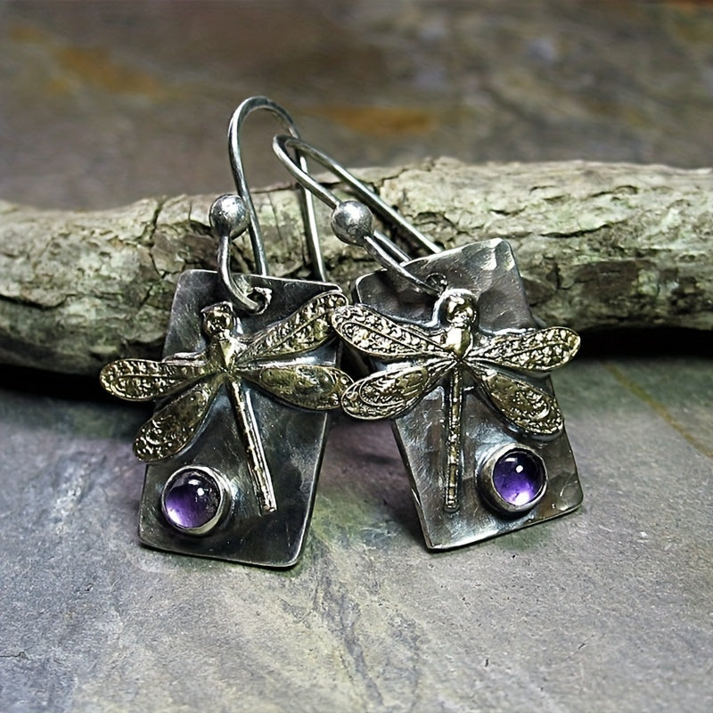 Vintage geometric square dragonfly earrings with purple resin accents - alloy and iron, perfect for casual wear, dragonfly jewelry