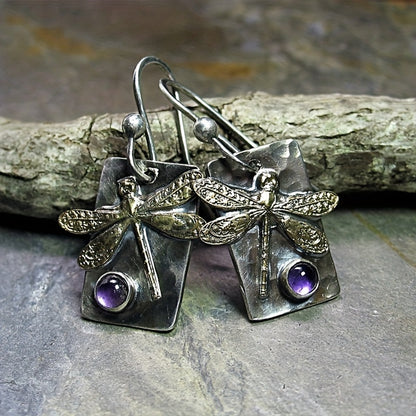 Vintage geometric square dragonfly earrings with purple resin accents - alloy and iron, perfect for casual wear, dragonfly jewelry