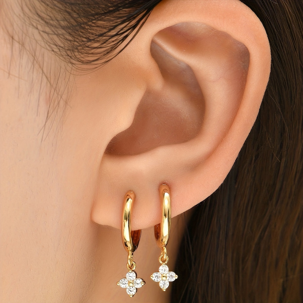 Elegant Cubic Zirconia Flower Pendant Earrings - Ladies Hypoallergenic Copper, 14K Gold Plated, Perfect Gift for Any Occasion