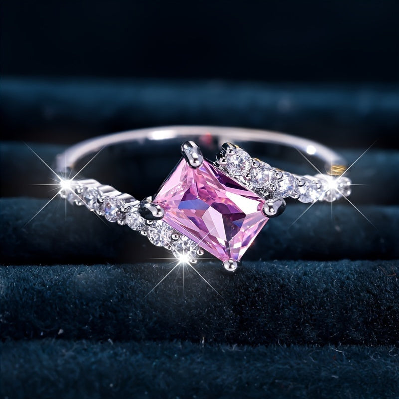 Cute Ladies Pink Square Synthetic Zircon Ring Exquisite Luxury Wedding Jewelry