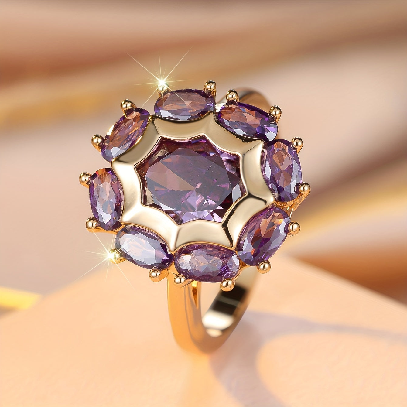 Classic Bohemian Engagement Ring - Elegant Champagne Round Purple Cubic Zirconia, Copper, Unplated, Perfect for Weddings and Parties