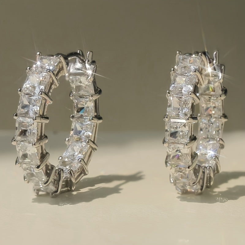 Sparkling Circle Earrings, Copper Jewelry, Square Zirconia Decoration, Fashion Luxury Style, Ladies Party Date Earrings