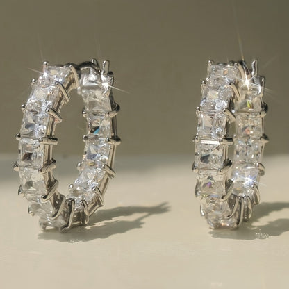 Sparkling Circle Earrings, Copper Jewelry, Square Zirconia Decoration, Fashion Luxury Style, Ladies Party Date Earrings