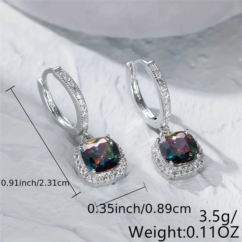 Square Cut Multicolor Zirconia Drop Ring Earrings, Ladies, Silver, Engagement Gifts, Jewelry, Valentine's Day Accessories
