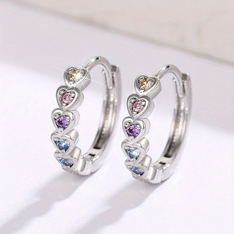 Colorful heart-shaped zircon inlaid hollow round ring earrings, elegant casual style for daily wear, women's dating earrings