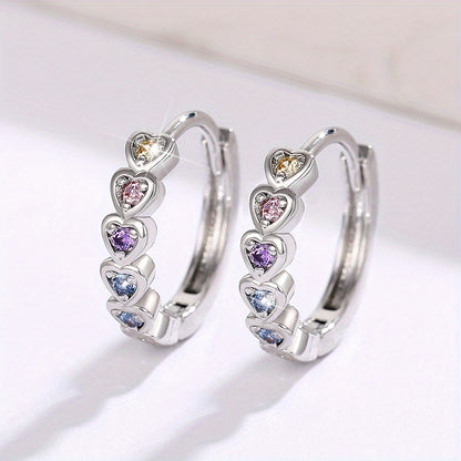 Colorful heart-shaped zircon inlaid hollow round ring earrings, elegant casual style for daily wear, women's dating earrings