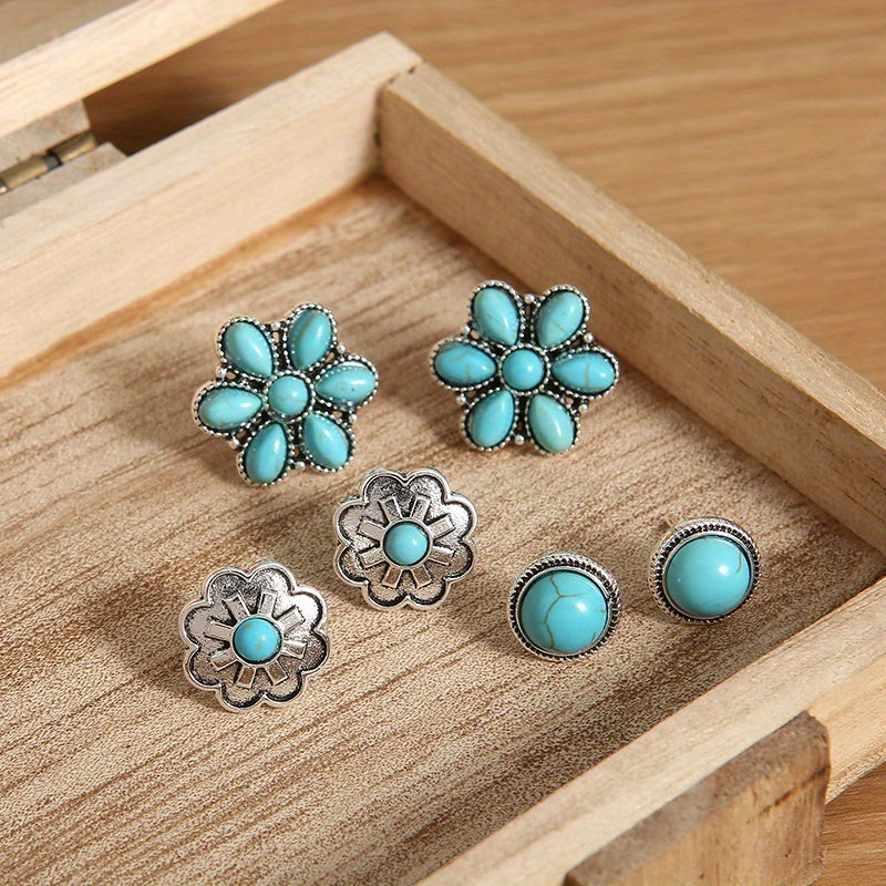 Three pairs of Western retro turquoise stud earrings silver plated earrings jewelry