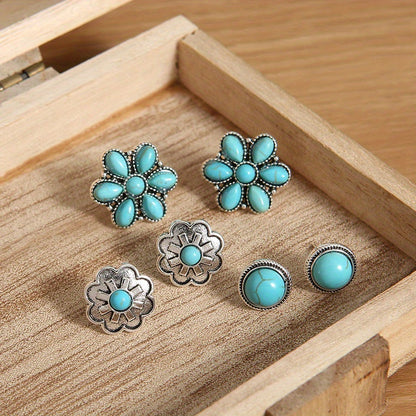 Three pairs of Western retro turquoise stud earrings silver plated earrings jewelry