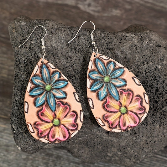 Droplet shape Colorful flower pattern Pendant earrings Vintage minimalist style Wooden jewelry Cute female gift
