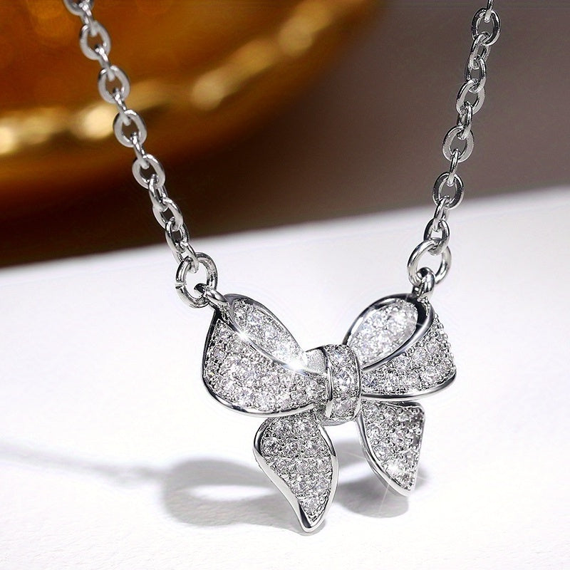 925 Silver Plated Elegant Bow Zircon Pendant Necklace Women's, Simple Elegant Engagement Clavicle Necklace, Wedding Anniversary Jewelry Accessories