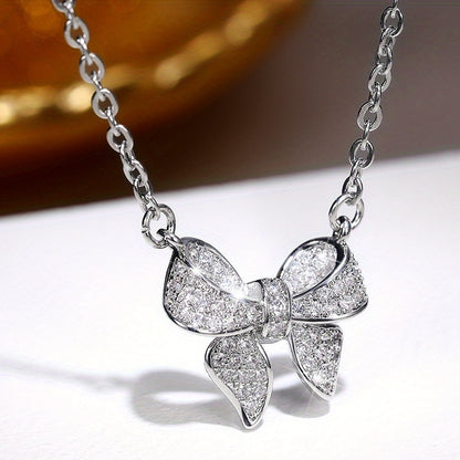 925 Silver Plated Elegant Bow Zircon Pendant Necklace Women's, Simple Elegant Engagement Clavicle Necklace, Wedding Anniversary Jewelry Accessories