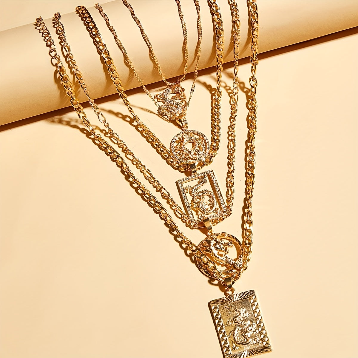 5 pieces/set of creative personalized crystal Chinese dragon pendant layered necklace layered gold collarbone chain