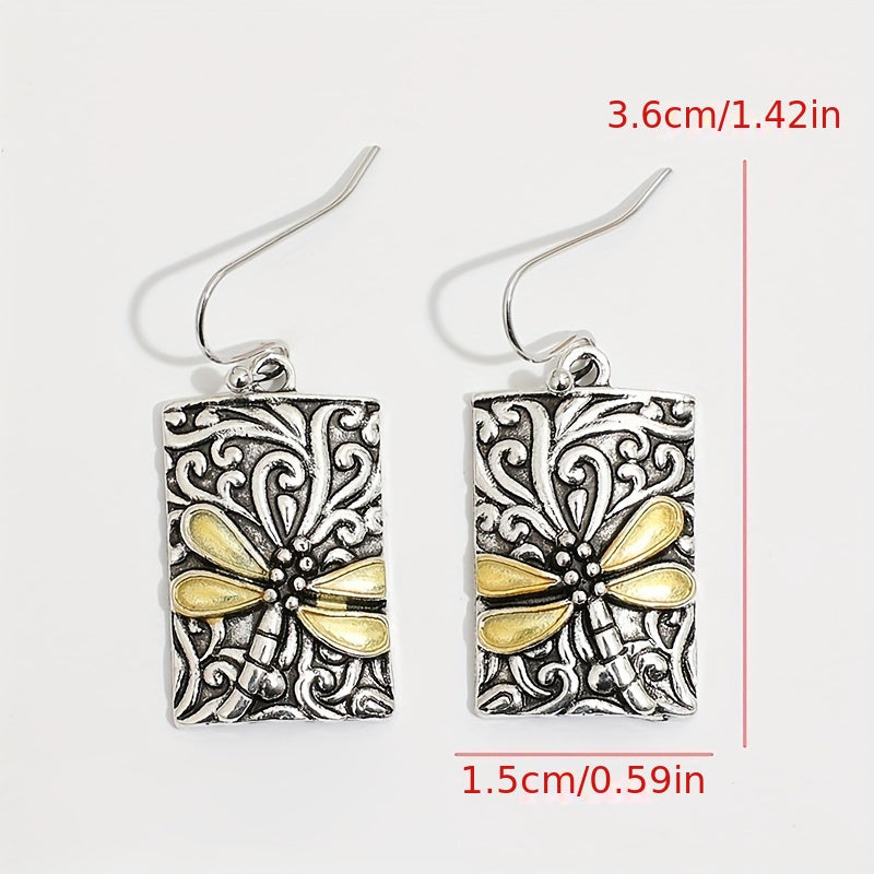 Vintage Rectangle Engraved Dragonfly Pattern Drop Earrings Bohemian Vacation Style Vintage Holiday Earrings