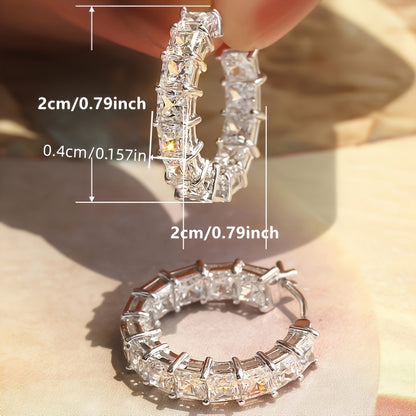 Dazzling gift, luxury square zircon ring earrings for women - nickel-free copper material, suitable for weddings and parties, April birthday stones, wedding earrings, engraving design, daily casual wear, engagement gifts