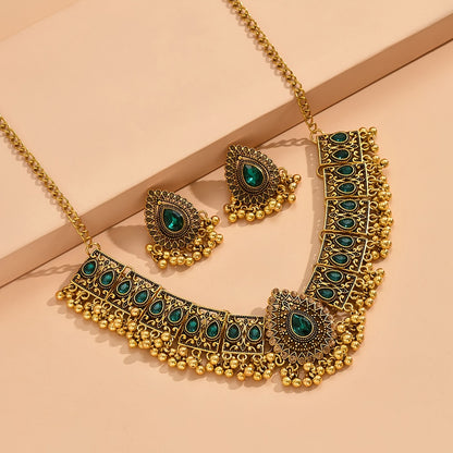 Bollywood style 1 pair of earrings + 1 necklace retro jewelry set retro design inlaid with gemstones with daily clothing party accessories