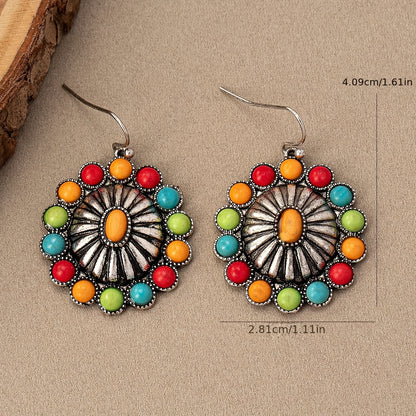 Vintage Sunflower Design Colourful Bead Inlaid Drop Earrings Bohemian Vacation Style Zinc Alloy Jewelry Travel Souvenirs