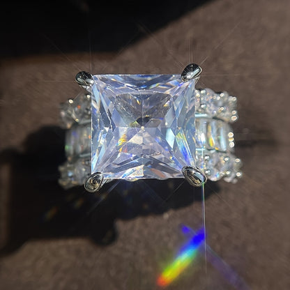 Elegant promise ring, silver plated, covered with sparkling zircon, square design, symbolizing elegance and nobility, engagement/wedding ring
