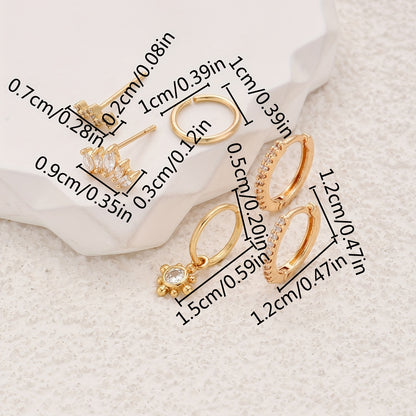 6-Piece Bohemian vintage copper earrings set, synthetic zircon inlay, round and geometric studs and earrings, fashion jewelry for women's daily and party occasions