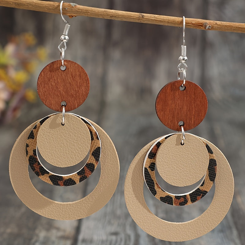 Ladies' fashion accessories, classic multi-layered leopard print hollow PU leather pendant earrings, iron ear hooks, unplated - versatile fashion accessories for Casual Attire
