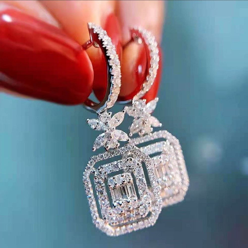 Sparkling Zirconia water drop earrings, hollow square and flower shape pendant, fashionable circle earrings, Women's daily wear