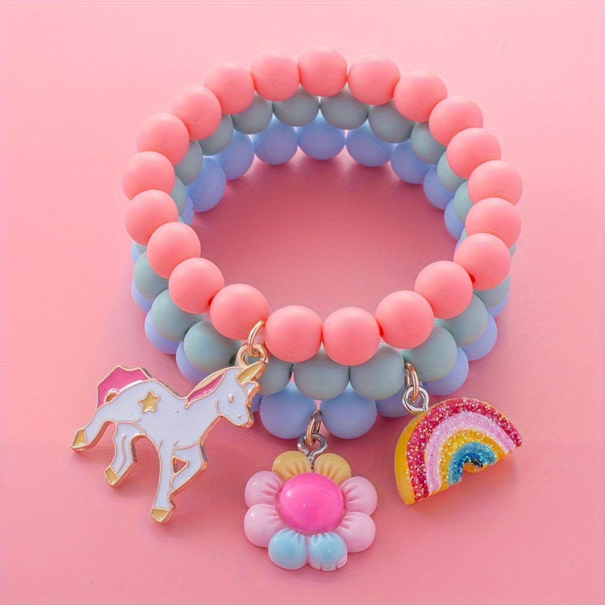 3Pcs Cute Unicorn, Sunflower, Rainbow Charm Beaded Unicorn Sunflower Rainbow Bracelet Set