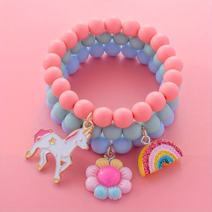 3Pcs Cute Unicorn, Sunflower, Rainbow Charm Beaded Unicorn Sunflower Rainbow Bracelet Set
