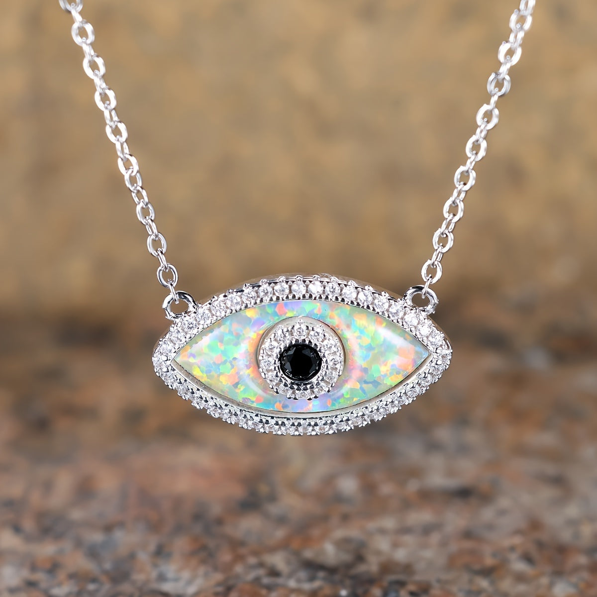 Bohemian Silver Opal Wicked Eye Pendant Necklace with Black Zircon - Perfect for Parties and Casual Dresses